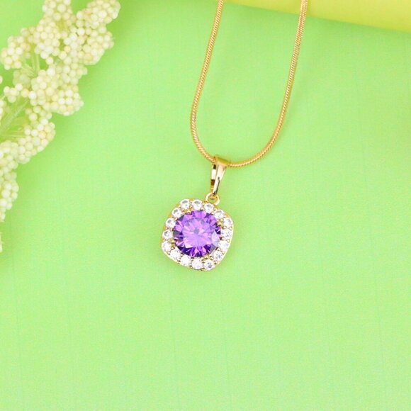 "Purple Round Stone Pendant in Gold Plated Brass with Crystal Halo, XPPT1772 - Picture 3 of 13